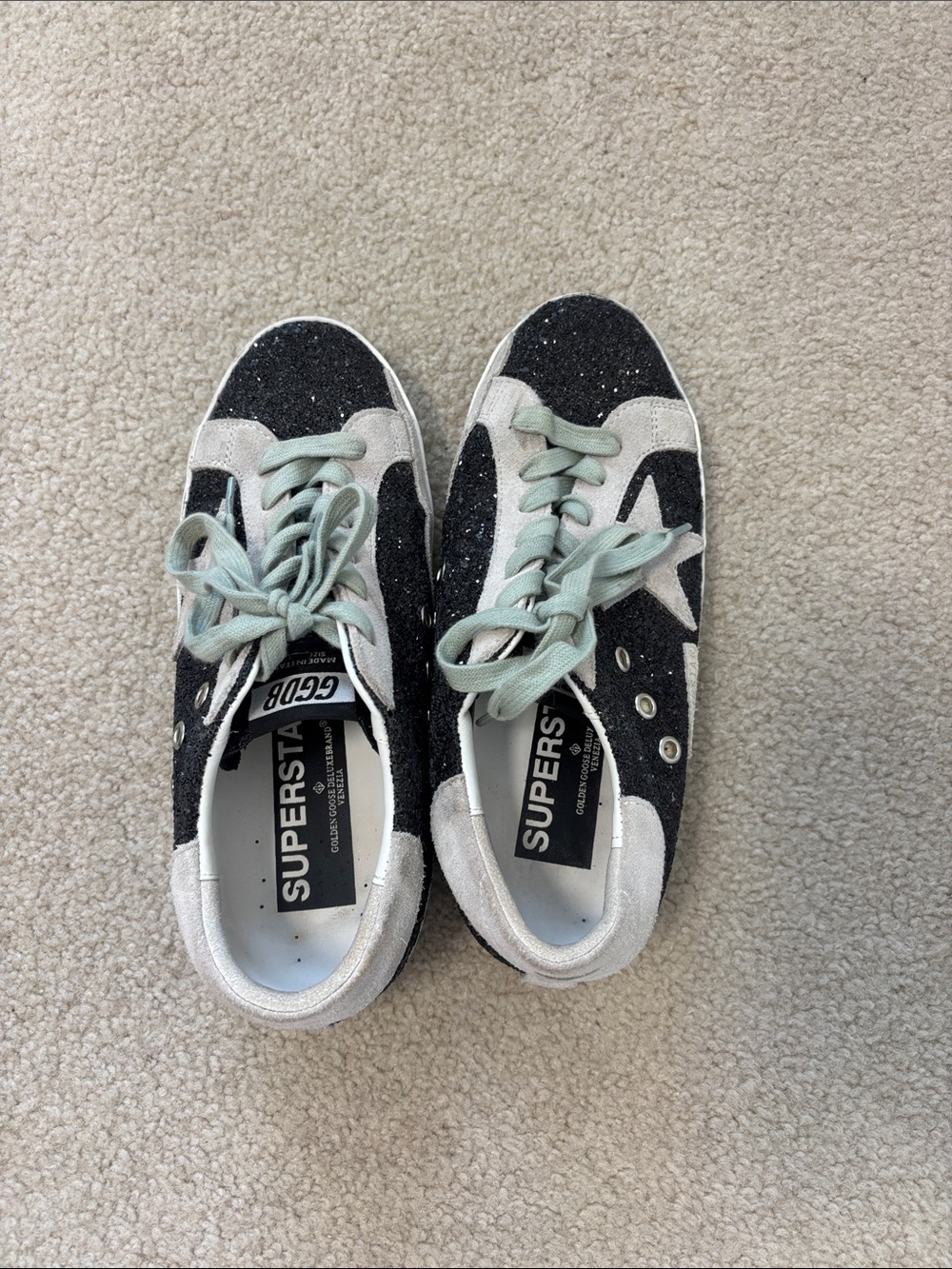 Golden Goose Black Glitter & White Suede Sneakers with Mint Laces